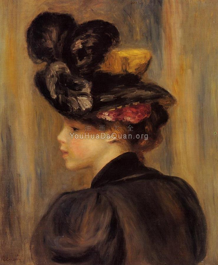 Young Woman Wearing a Black Hat - 皮埃尔·奥古斯特·雷诺阿